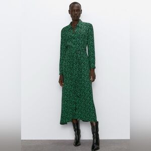 ZARA Green + Black Leaf Print Shirt Dress NWT Size Small